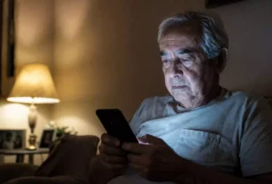 Idoso usando celular à noite, representando o uso excessivo de telas em idosos e seus impactos no sono e na saúde mental.